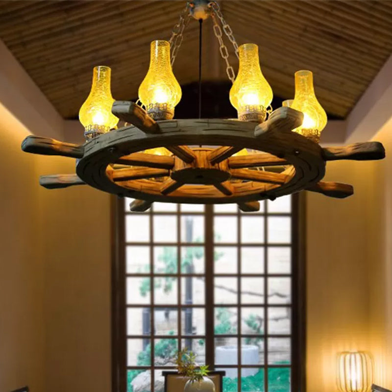 Coastal Wood Rudder Pendant Light Kit with Yellow Crackle Glass Shade - 8-Light Chandelier Lighting