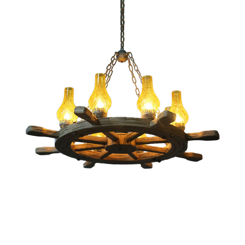 Coastal Wood Rudder Pendant Light Kit with Yellow Crackle Glass Shade - 8-Light Chandelier Lighting