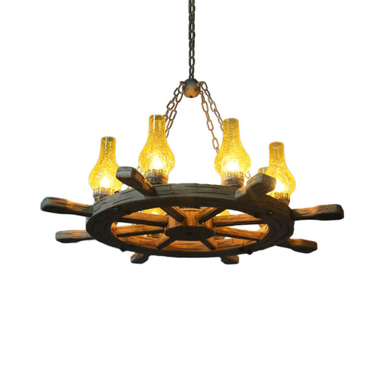 Coastal Wood Rudder Pendant Light Kit with Yellow Crackle Glass Shade - 8-Light Chandelier Lighting