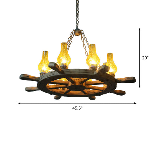 Coastal Wood Rudder Pendant Light Kit with Yellow Crackle Glass Shade - 8-Light Chandelier Lighting