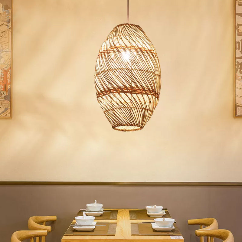 Asian-Inspired Wood Obong Pendant Lamp With Bamboo Rattan Ceiling Suspension