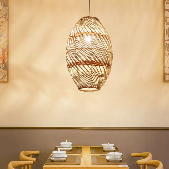 Asian-Inspired Wood Obong Pendant Lamp With Bamboo Rattan Ceiling Suspension