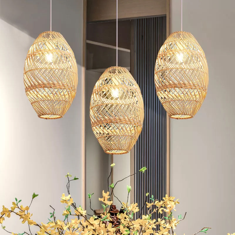 Asian-Inspired Wood Obong Pendant Lamp With Bamboo Rattan Ceiling Suspension