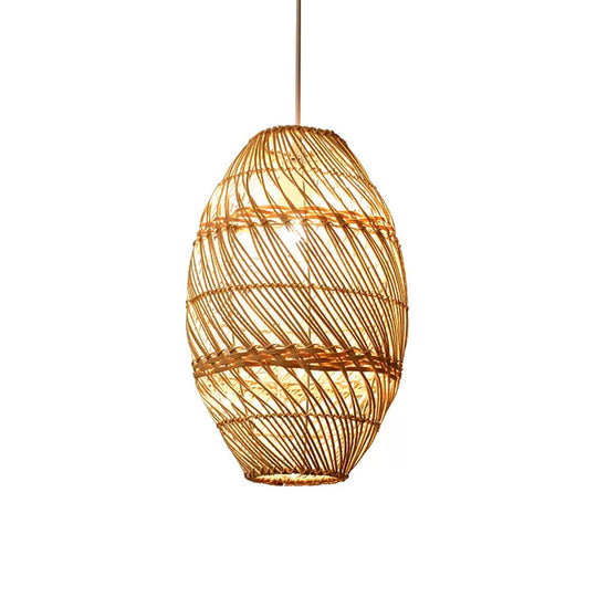 Asian-Inspired Wood Obong Pendant Lamp With Bamboo Rattan Ceiling Suspension