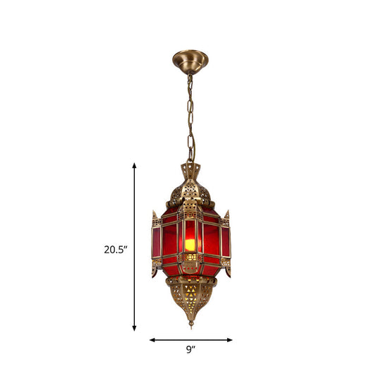 Red Glass Lantern Pendant Chandelier - Traditional Style 3 Light Brass Fixture