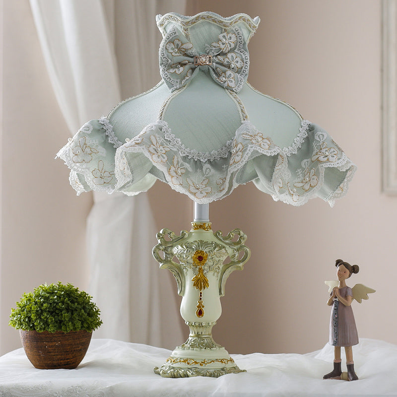 Pastoral Style Blue Ruffle Fabric Nightstand Light For Girls Bedroom - 1-Bulb Table Lighting