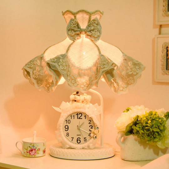 Korean Garden White Nightstand Lamp: Ruffled Fabric Shade Clock And Soft Bedroom Night Light