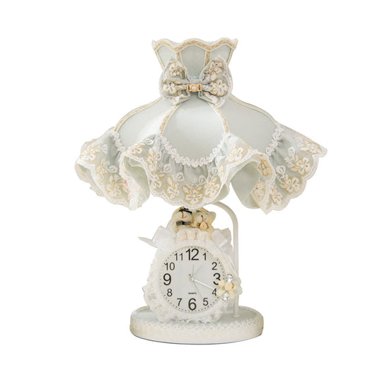 Korean Garden White Nightstand Lamp: Ruffled Fabric Shade Clock And Soft Bedroom Night Light