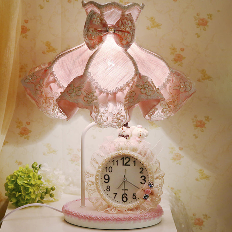 Girls Pink Scalloped Night Light With Clock Design Fabric Nightstand Lamp