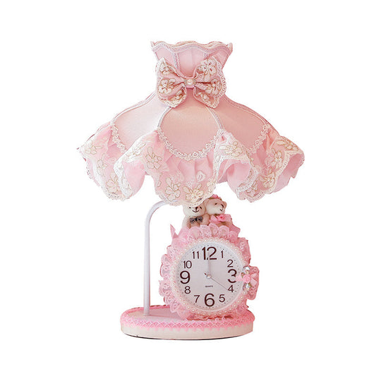 Girls Pink Scalloped Night Light With Clock Design Fabric Nightstand Lamp