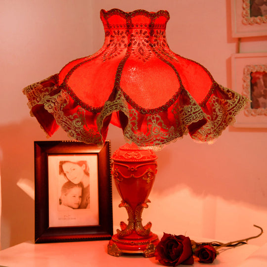 Modern Red Resin Urn Nightstand Lamp With Fabric Shade - Perfect For Bedroom Lighting