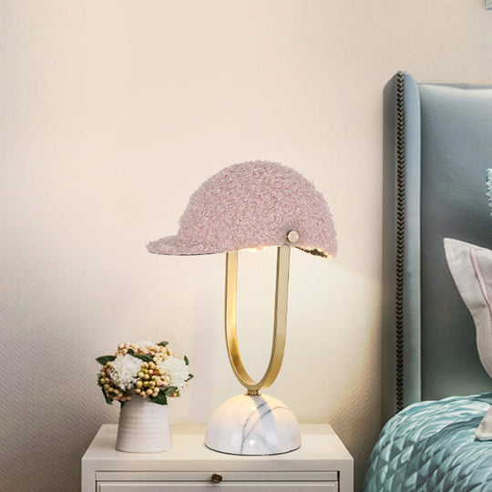 Modern Pink Night Lamp - Hat Plush Table Light With Iron Frame And Marble Base