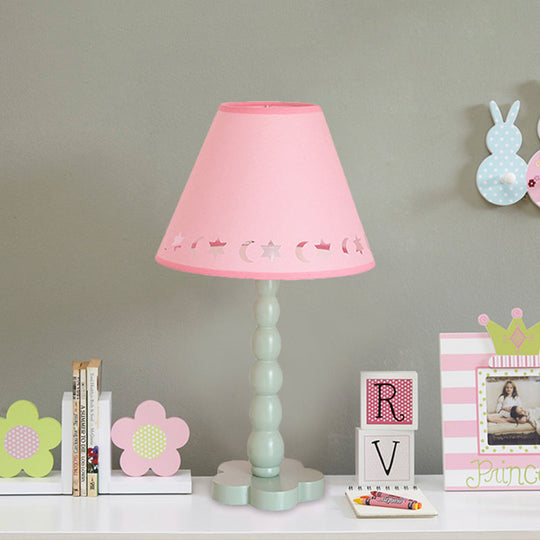 Kids Cone Table Lamp: Cute Fabric 1-Light Night Light With Cutout Design Wood Base -