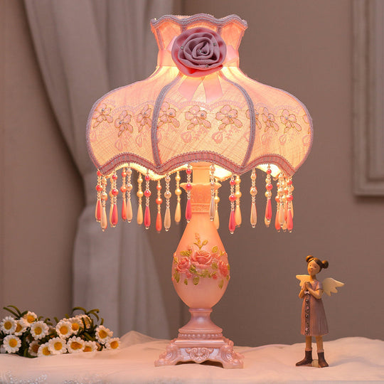 Pink Korean Garden Scalloped Table Lamp For Bedroom With Drape And Vase Base