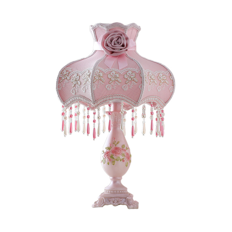 Pink Korean Garden Scalloped Table Lamp For Bedroom With Drape And Vase Base