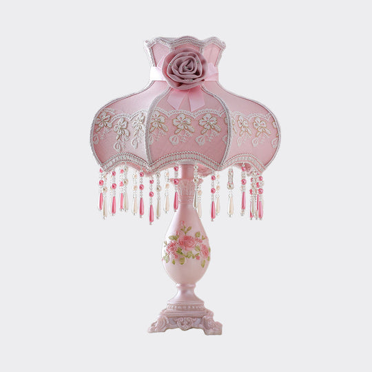 Pink Korean Garden Scalloped Table Lamp For Bedroom With Drape And Vase Base