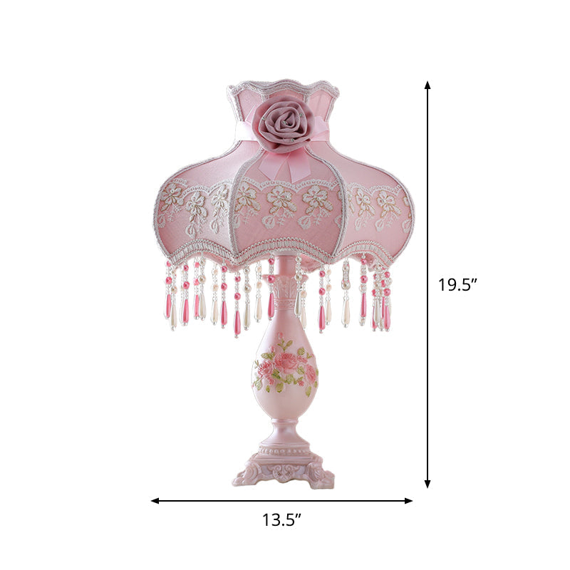 Pink Korean Garden Scalloped Table Lamp For Bedroom With Drape And Vase Base