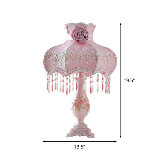 Pink Korean Garden Scalloped Table Lamp For Bedroom With Drape And Vase Base