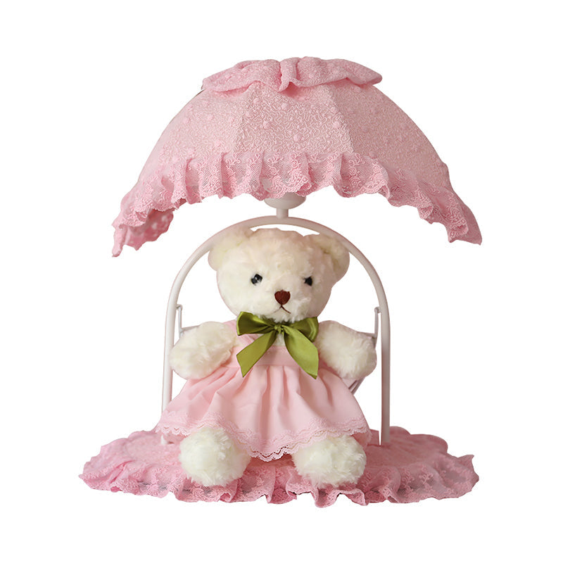 Pink Kids Bear Table Lamp With Lace Trim - Ideal Nursery Nightstand Lighting