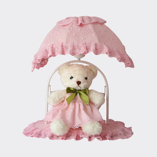 Pink Kids Bear Table Lamp With Lace Trim - Ideal Nursery Nightstand Lighting