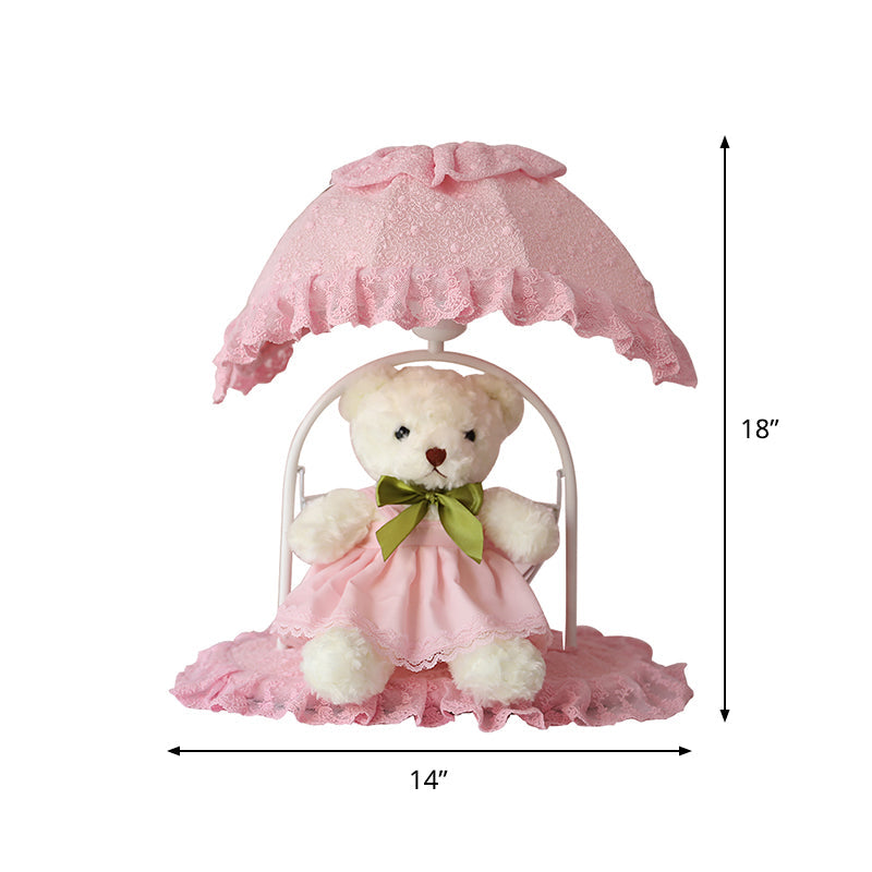 Pink Kids Bear Table Lamp With Lace Trim - Ideal Nursery Nightstand Lighting