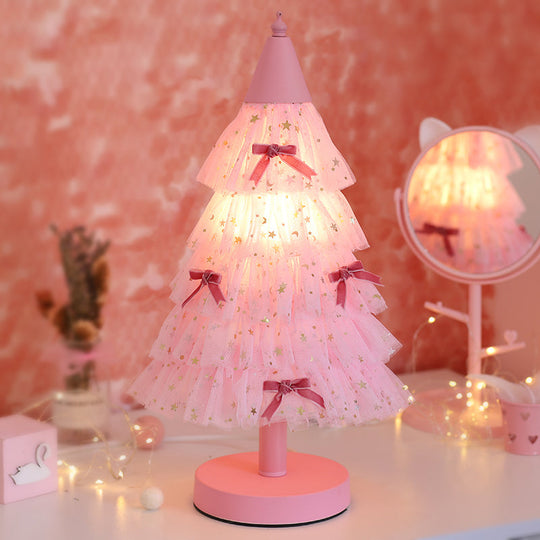 Kids Pink Christmas Tree Table Nightstand Light With Round Base - Perfect For Girls Bedroom