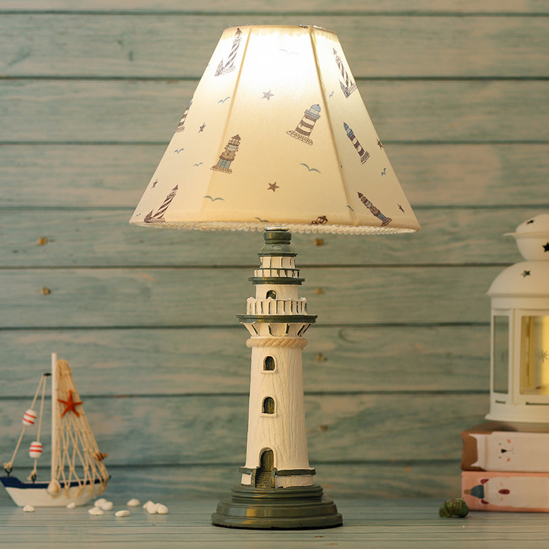 Mediterranean Tapered Night Light Fabric Table Lamp With Nautical Design And Lighthouse Base Blue /