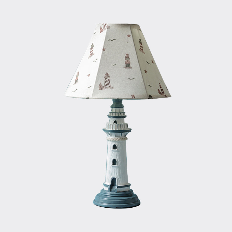 Mediterranean Tapered Night Light Fabric Table Lamp With Nautical Design And Lighthouse Base