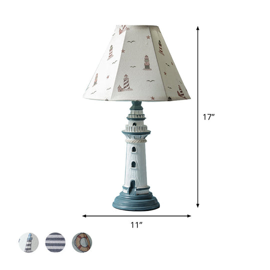 Mediterranean Tapered Night Light Fabric Table Lamp With Nautical Design And Lighthouse Base