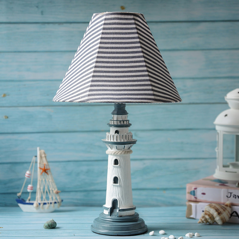 Mediterranean Tapered Night Light Fabric Table Lamp With Nautical Design And Lighthouse Base Blue /