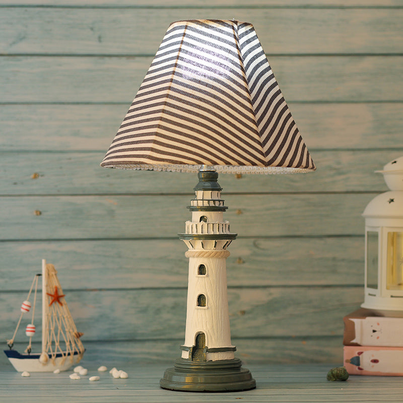 Mediterranean Tapered Night Light Fabric Table Lamp With Nautical Design And Lighthouse Base