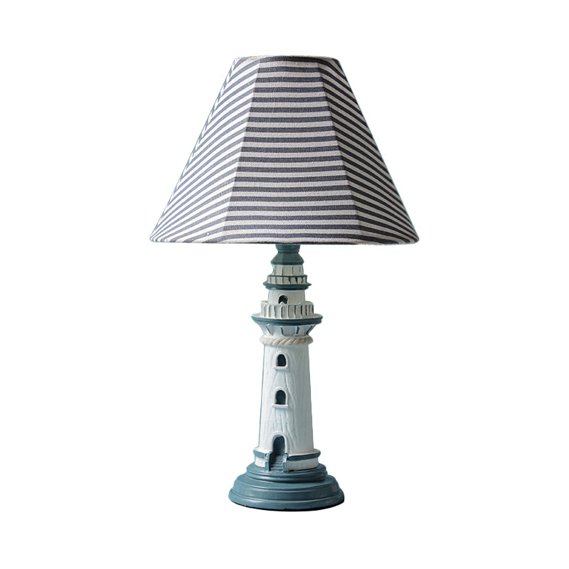 Mediterranean Tapered Night Light Fabric Table Lamp With Nautical Design And Lighthouse Base