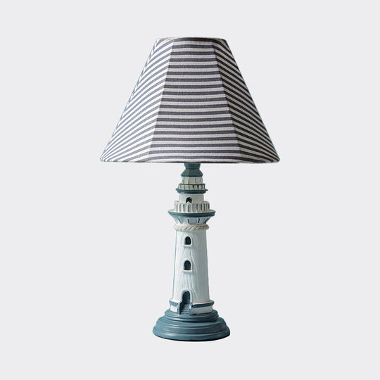 Mediterranean Tapered Night Light Fabric Table Lamp With Nautical Design And Lighthouse Base