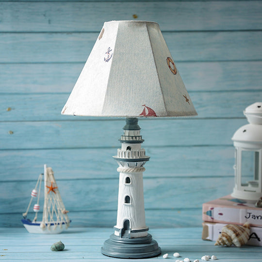 Mediterranean Tapered Night Light Fabric Table Lamp With Nautical Design And Lighthouse Base Blue /