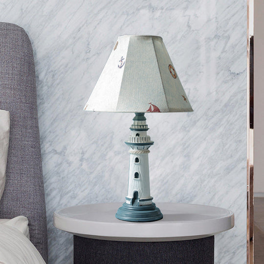 Mediterranean Tapered Night Light Fabric Table Lamp With Nautical Design And Lighthouse Base