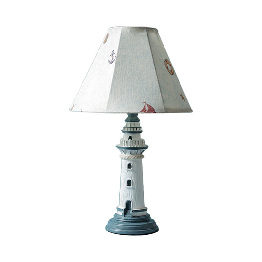 Mediterranean Tapered Night Light Fabric Table Lamp With Nautical Design And Lighthouse Base