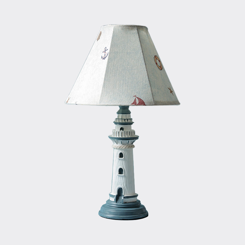 Mediterranean Tapered Night Light Fabric Table Lamp With Nautical Design And Lighthouse Base