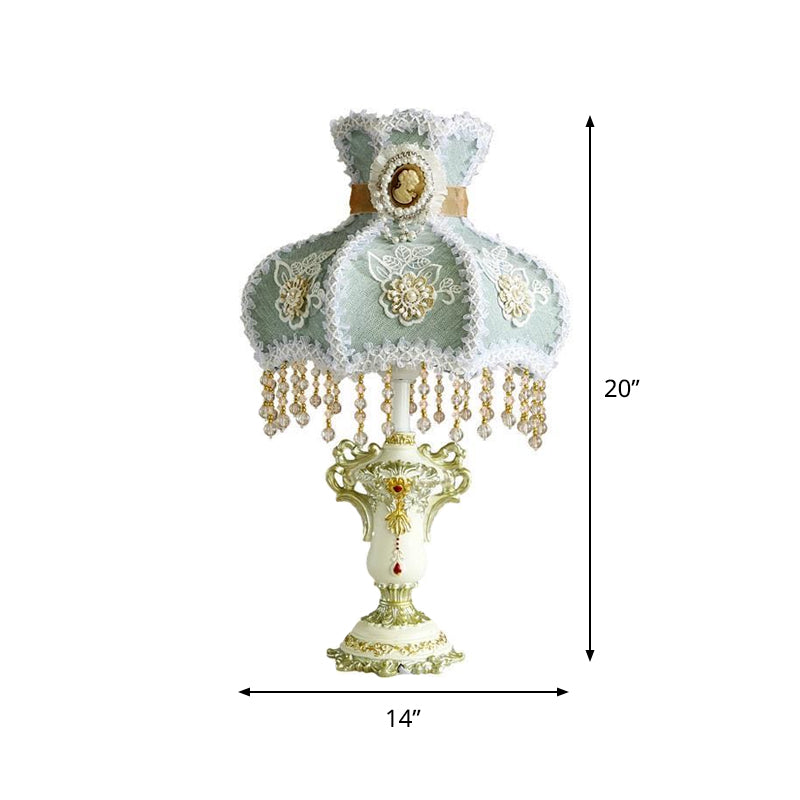 European Court Aqua Scalloped Nightstand Lamp - 1 Head Fabric Table Light With Bead Decor