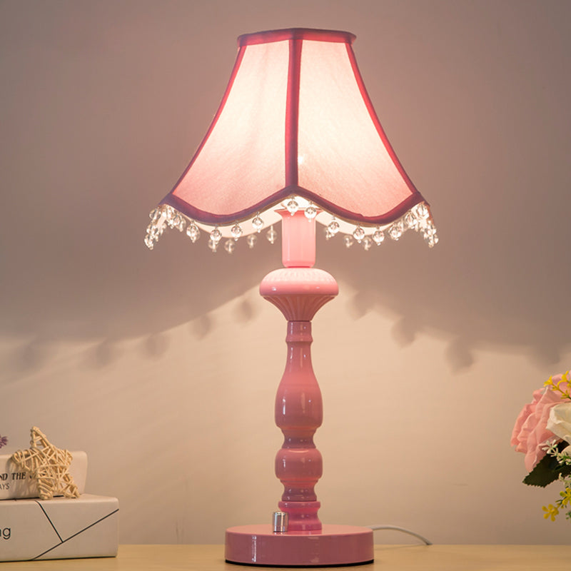 Scalloped Girls Bedroom Table Lamp: Pink Contemporary Night Light With Clear Bead