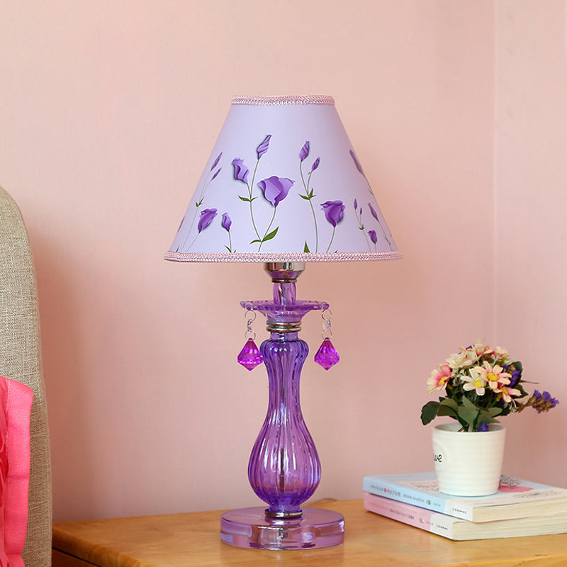 Romantic Pastoral Nightstand Lamp: Purple Cone Light With Fabric Shade And Crystal Accent / A