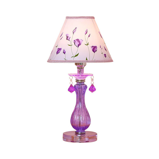 Romantic Pastoral Nightstand Lamp: Purple Cone Light With Fabric Shade And Crystal Accent