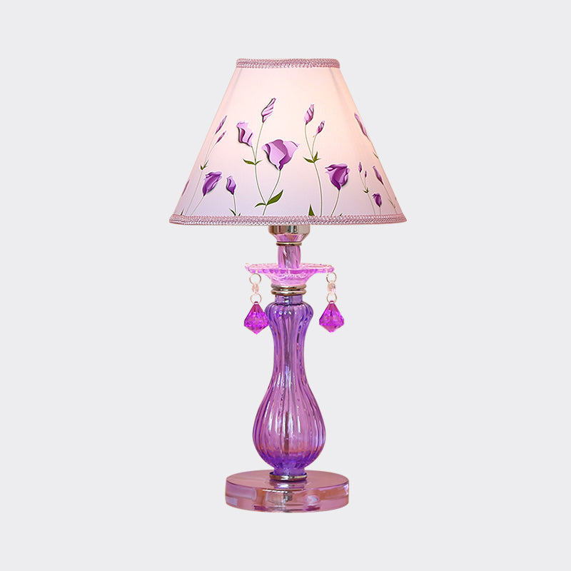 Romantic Pastoral Nightstand Lamp: Purple Cone Light With Fabric Shade And Crystal Accent