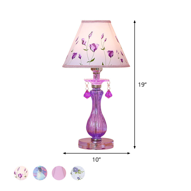 Romantic Pastoral Nightstand Lamp: Purple Cone Light With Fabric Shade And Crystal Accent