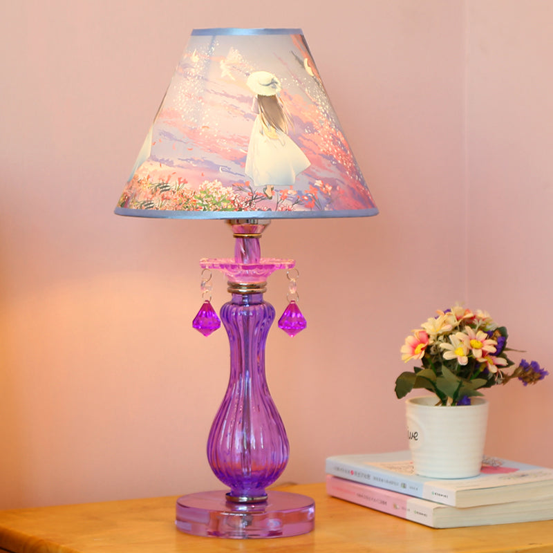 Romantic Pastoral Nightstand Lamp: Purple Cone Light With Fabric Shade And Crystal Accent