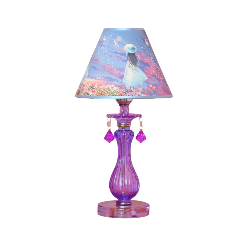 Romantic Pastoral Nightstand Lamp: Purple Cone Light With Fabric Shade And Crystal Accent