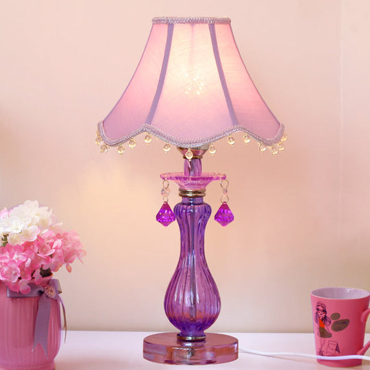 Romantic Pastoral Nightstand Lamp: Purple Cone Light With Fabric Shade And Crystal Accent