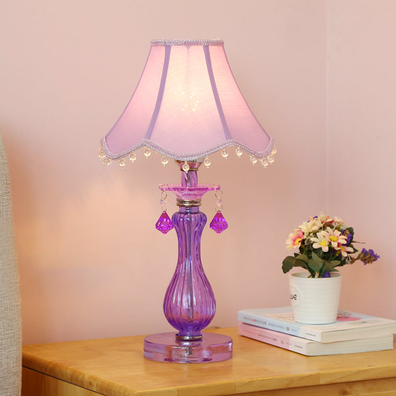 Romantic Pastoral Nightstand Lamp: Purple Cone Light With Fabric Shade And Crystal Accent