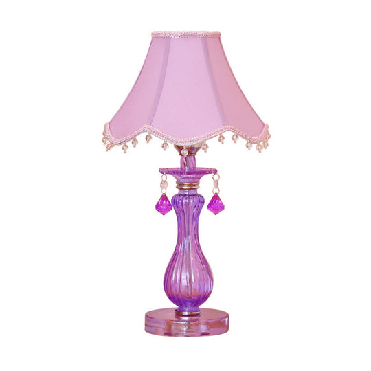 Romantic Pastoral Nightstand Lamp: Purple Cone Light With Fabric Shade And Crystal Accent