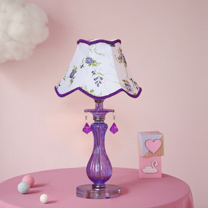 Romantic Pastoral Nightstand Lamp: Purple Cone Light With Fabric Shade And Crystal Accent