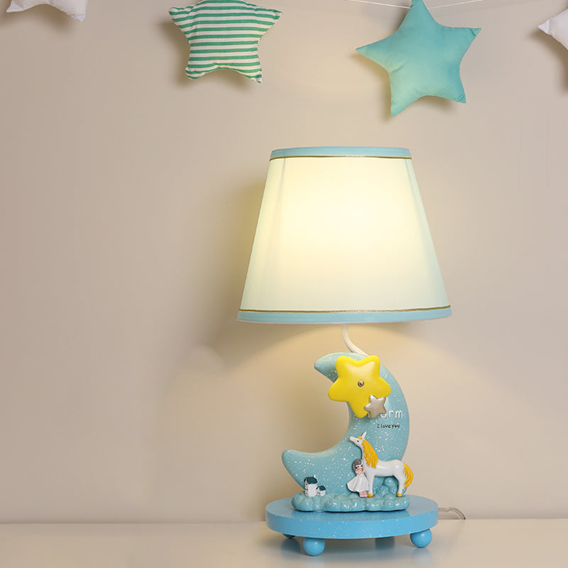 Blue Fabric Cone Night Table Lamp With Cartoon Design - Moon And Star Base